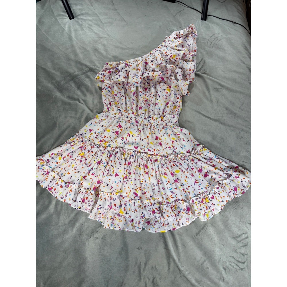 Buddy Love Sofia Rainbow Splatter Polka Dot One Shoulder Ruffle Mini Dress Sm